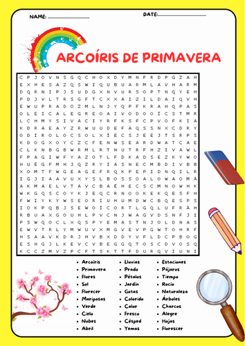 Rompecabezas de búsqueda de palabras del arcoíris de primavera