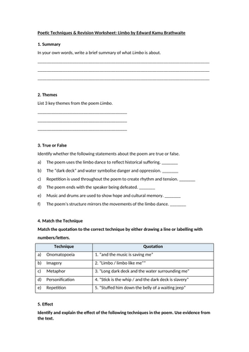 Limbo by Edward Kamu Brathwaite Worksheet