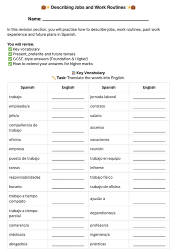 AQA Spanish Year 11 Revision Describing Jobs and Work Routines