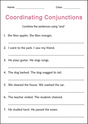 Coordinating and Subordinating Conjunctions Grammar Worksheets for Grade 2, 3, 4