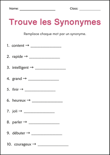 Synonymes et Antonymes - Synonyms and Antonyms Grammar Worksheets in French
