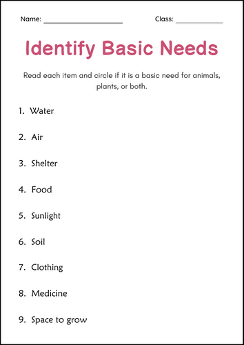 Basic Needs of Animals and Plants Activity Worksheets for Grade 1, 2, 3
