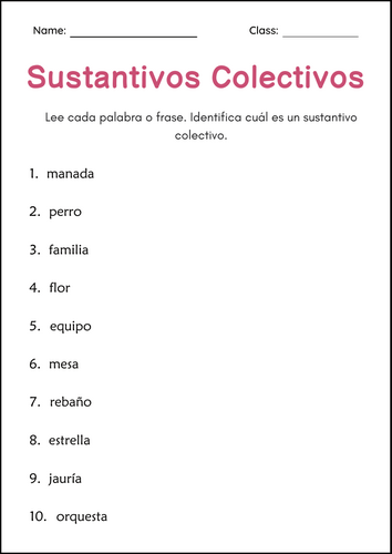 Sustantivos Colectivos - Collective Nouns Grammar Worksheets in Spanish