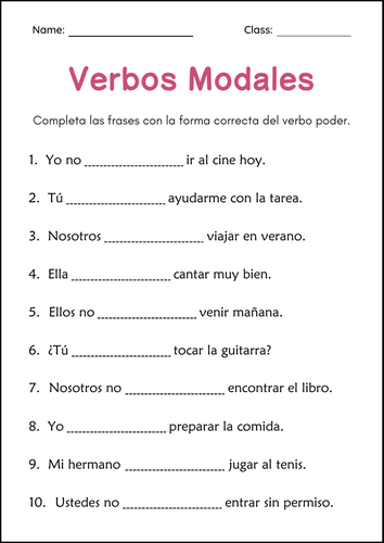Verbos Modales - Modal Verbs Grammar Activities Worksheets in Spanish