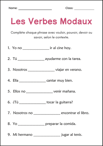 Les Verbes Modaux - Modal Verbs Grammar Activities Worksheets in French