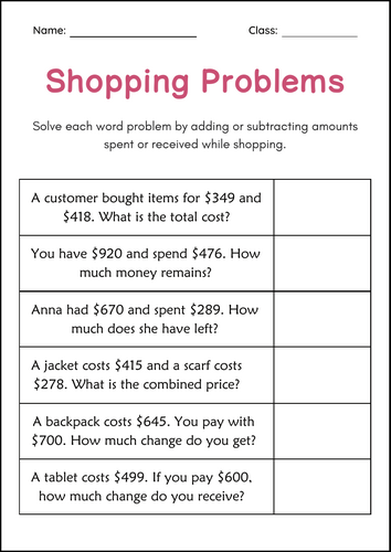 Addition and Subtraction Word Problems Within 1000 Worksheets for Grade 1, 2, 3