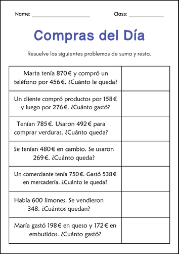Addition and Subtraction Word Problems Within 1000 Worksheets in Spanish