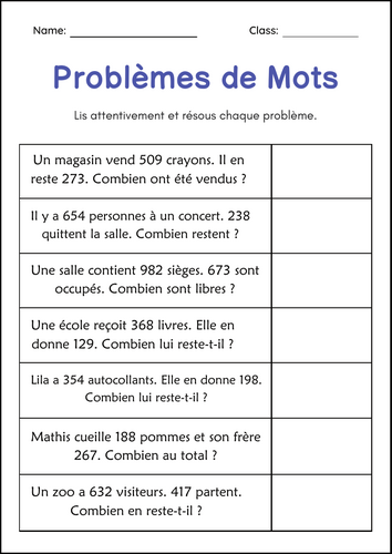 Addition and Subtraction Word Problems Within 1000 Worksheets in French