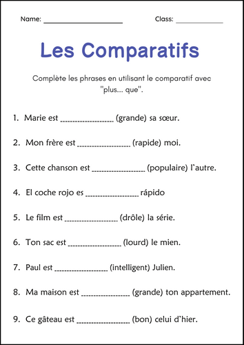Superlative and Comparative Adjective Grammar Worksheets in French