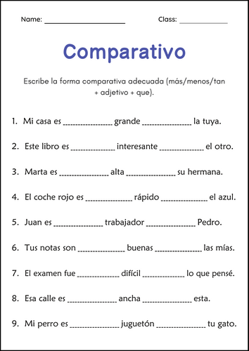 Superlative and Comparative Adjective Grammar Worksheets in Spanish