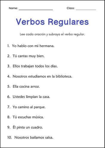 Regular and Irregular Verbs Grammar Worksheets in Spanish