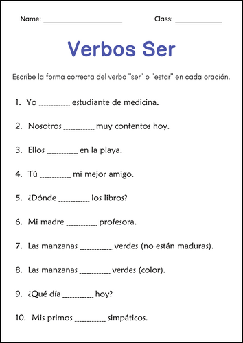 Verbo Ser y Estar Actividades - Verb To Be Grammar Worksheets in Spanish
