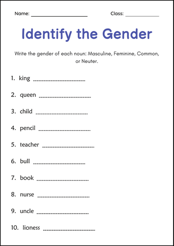 Masculine and Feminine Gender of Nouns Grammar Worksheets for Grade 1, 2, 3