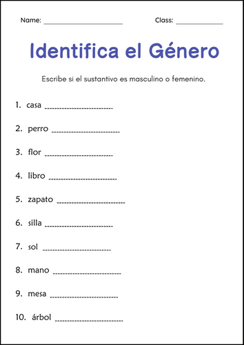 Género de los Sustantivos - Gender of Nouns Grammar Worksheets in Spanish