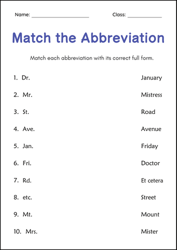 Printable Abbreviations Grammar Worksheets - Abbreviations Matching for Grade 1