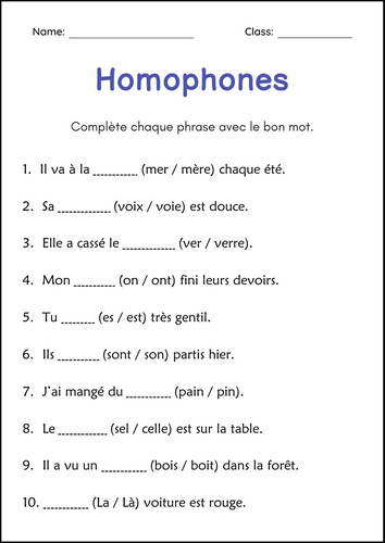 Fiches de Grammaire sur les Homophones - Homophones Grammar Worksheets in French