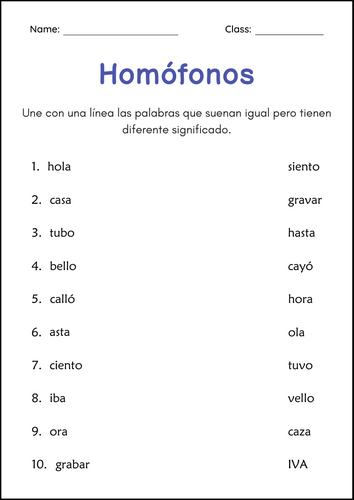 Hoja de Trabajo Sobre Homófonos - Homophones Grammar Worksheets in Spanish