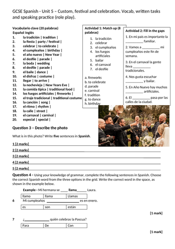 GCSE Spanish - Unit 5 – Custom, festival and celebration. Vocab, written tasks and speaking practice