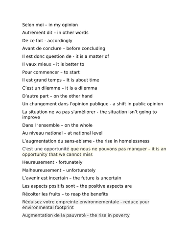 A /AS LEVEL FRENCH revision: advanced / ambitious vocabulary and phrases for essay writing