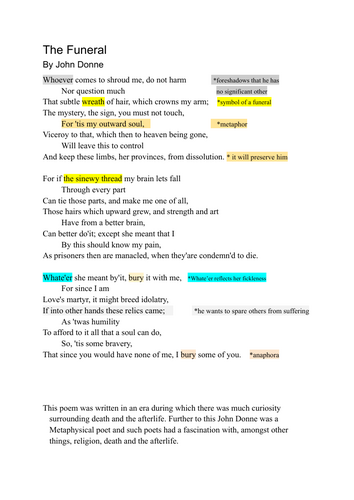 A /AS LEVEL ENGLISH LITERATURE poetry analysis "The Funeral"  John Donne