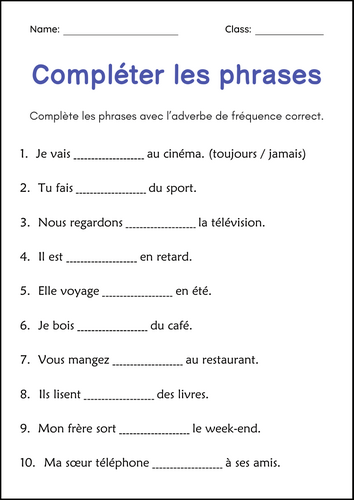Adverb of Frequency Grammar Worksheets in French - Adverbe de Fréquence