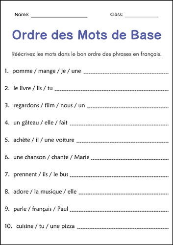 Structure de la Phrase - Sentence Structure Grammar Worksheets in French