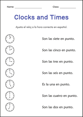 How to Tell Time Practice Activities Worksheets in Spanish - Cómo Decir la Hora