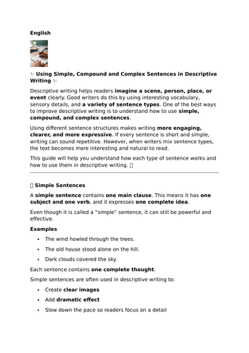 Using Simple, Compound and Complex Sentences in Descriptive Writing