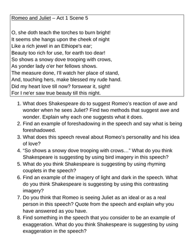 KS3 KS4 Romeo Juliet "O she doth teach the torches" cover hw revision