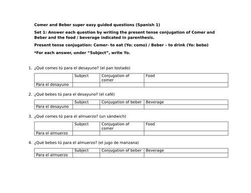 Comer and Beber super easy guided questions (Spanish 1)