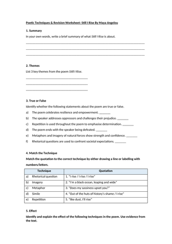 Still I Rise By Maya Angelou Worksheet