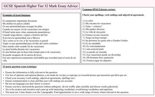 GCSE Spanish Higher Tier 32 Mark Essay Advice
