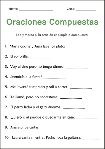 Compound sentences Grammar Worksheets in Spanish - Oraciones Compuestas