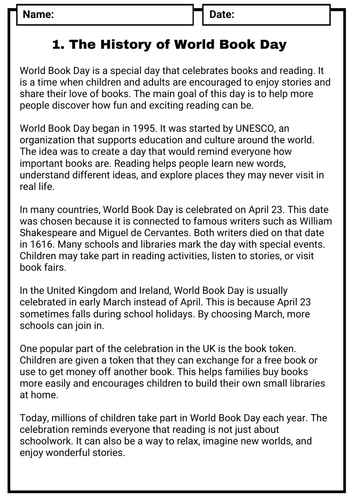 World Book Day Reading Comprehension KS2 Year 3-4 Worksheets & Questions | No-prep | answer key