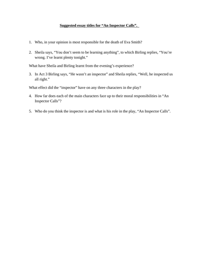 Suggested Essay Titles for An Inspector Calls