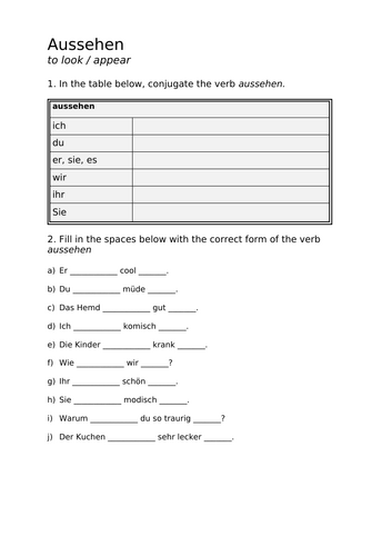 Aussehen German Verb Worksheet