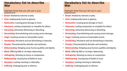 Vocabulary List to Describe War