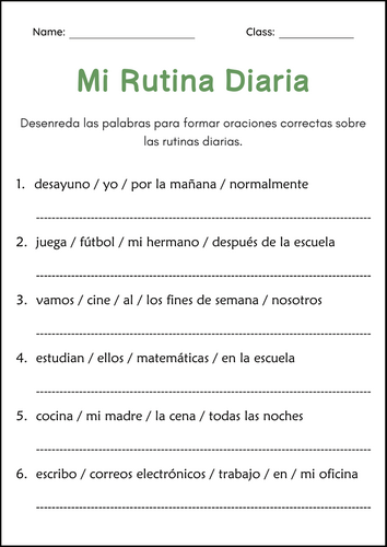 Sentence Scramble Grammar Worksheets in Spanish - Desorden de Oraciones