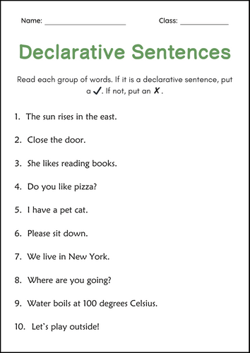 Four Types of Sentences Grammar Worksheets - Declarative, Interrogative, imperative, exclamatory