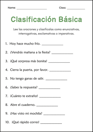 Tipos de Oraciones - Four Types of Sentences Worksheets in Spanish