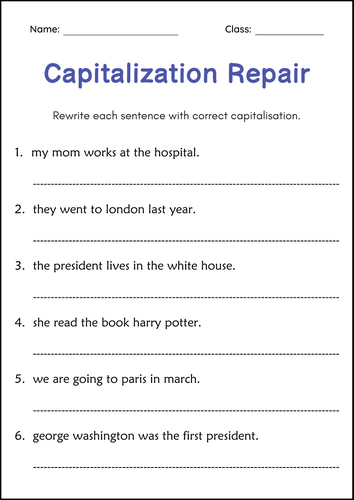 Sentence Repair Worksheets - Editing Capitals, Spelling and Punctuation, Tense