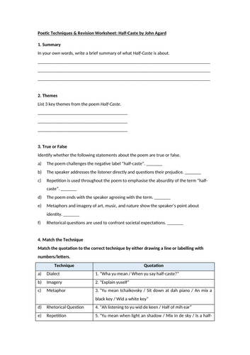 Half-Caste by John Agard Worksheet