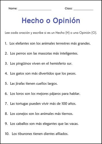 Hecho u Opinión - Fact or Opinion Worksheets in Spanish - Fact vs Opinion