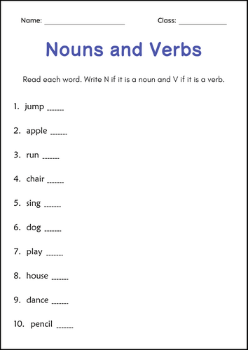 Words as Nouns and Verbs - Nouns and Verbs Grammar Worksheets for Grade 1, 2, 3