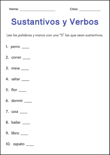 Sustantivos y Verbos - Nouns and Verbs Grammar Worksheets in Spanish