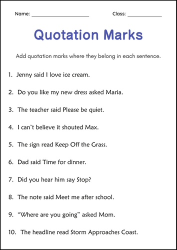 Printable Quotation Marks and Dialogue Grammar Practice Worksheets for Grade 1, 2, 3