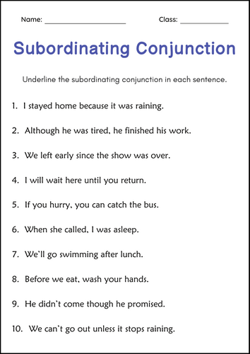 Subordinating Conjunctions in Complex Sentences Grammar Worksheets for Grade 3