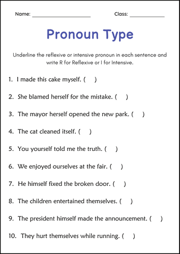 Printable Reflexive and Intensive Pronouns Grammar Worksheets for Grade 1, 2, 3