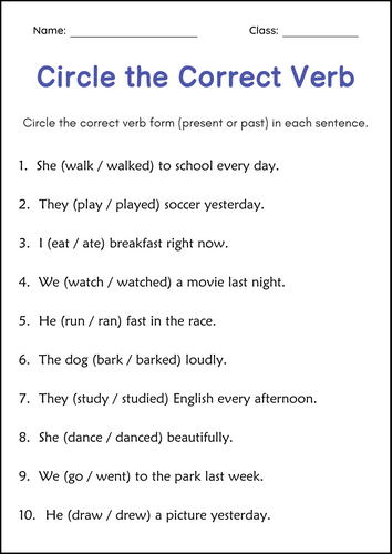 Printable Past and Present Tense Verbs Grammar Worksheets - Tenses of Verbs