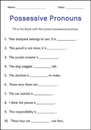 Possessive and Indefinite Pronouns Grammar Worksheets for Grade 1, 2, 3